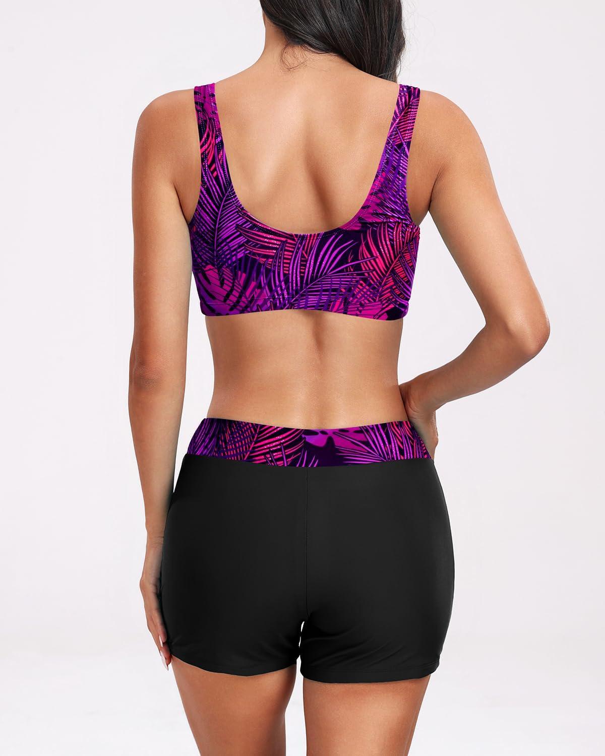 imageHolipick Long Sleeve Swimsuits for Women  3 Piece Rash Guard with Shorts Zipper SPF Swim Shirt with Built in BraBlack Purple Leaf