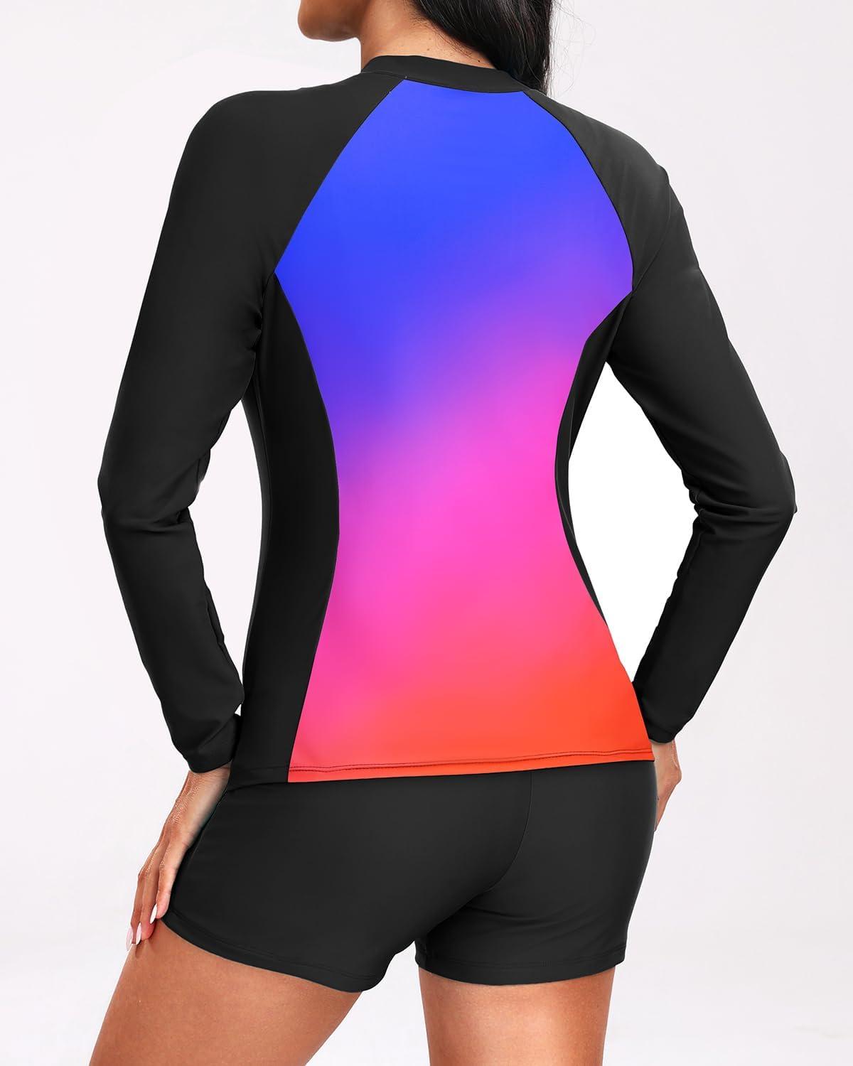 imageHolipick Long Sleeve Swimsuits for Women  3 Piece Rash Guard with Shorts Zipper SPF Swim Shirt with Built in BraColorful Gradient