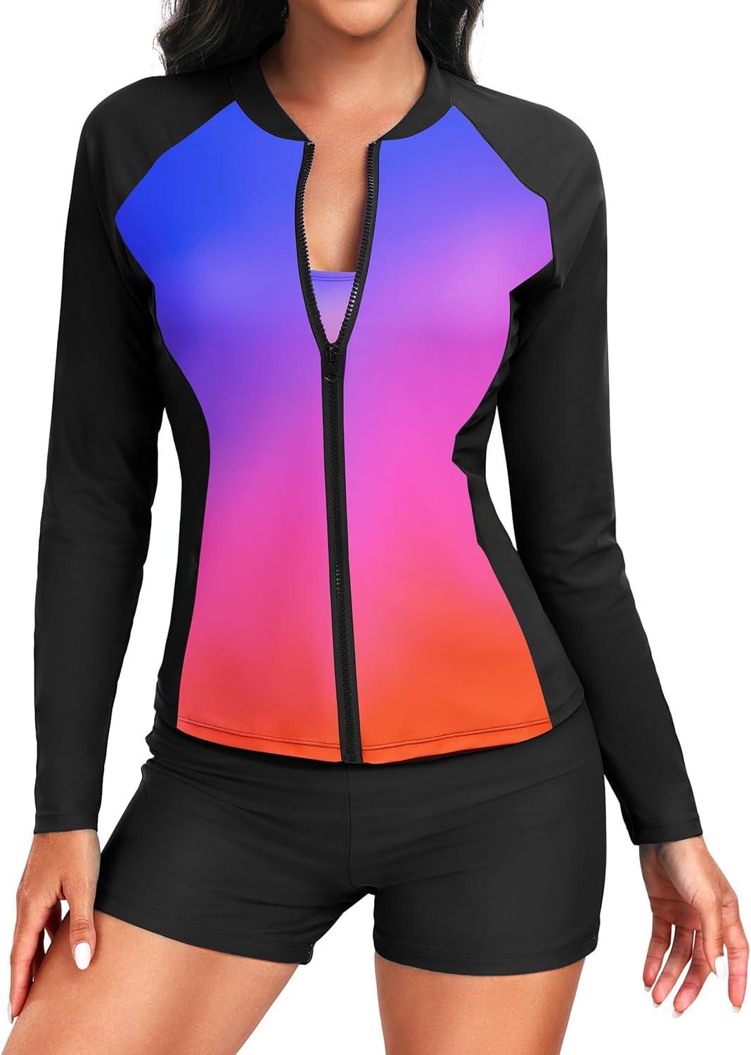 imageHolipick Long Sleeve Swimsuits for Women  3 Piece Rash Guard with Shorts Zipper SPF Swim Shirt with Built in BraColorful Gradient