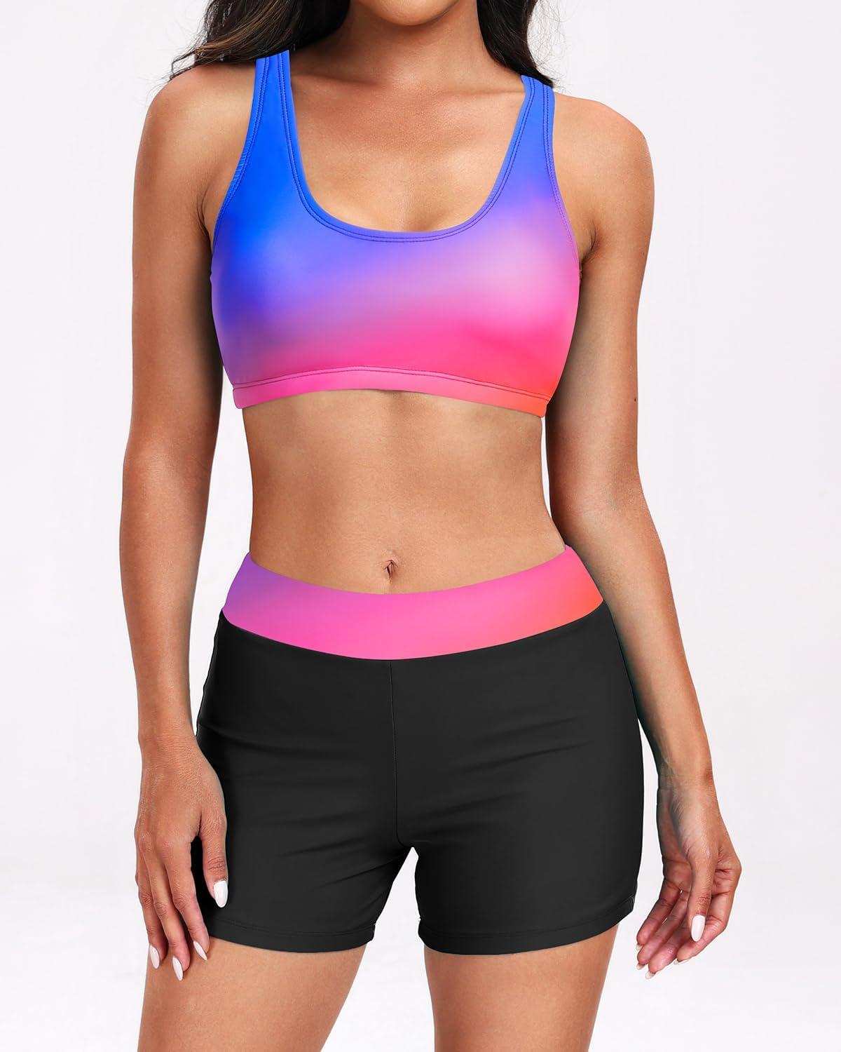 imageHolipick Long Sleeve Swimsuits for Women  3 Piece Rash Guard with Shorts Zipper SPF Swim Shirt with Built in BraColorful Gradient