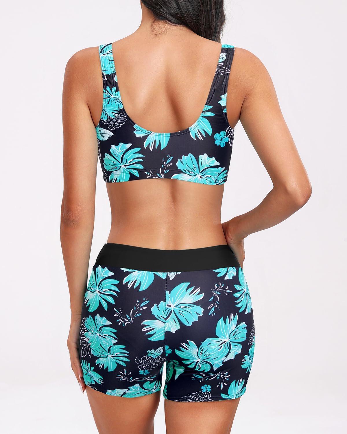 imageHolipick Long Sleeve Swimsuits for Women  3 Piece Rash Guard with Shorts Zipper SPF Swim Shirt with Built in BraGreen Floral