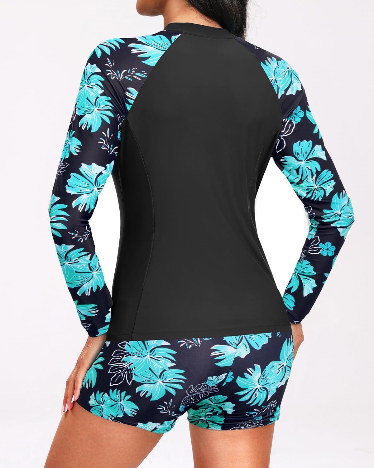 imageHolipick Long Sleeve Swimsuits for Women  3 Piece Rash Guard with Shorts Zipper SPF Swim Shirt with Built in BraGreen Floral
