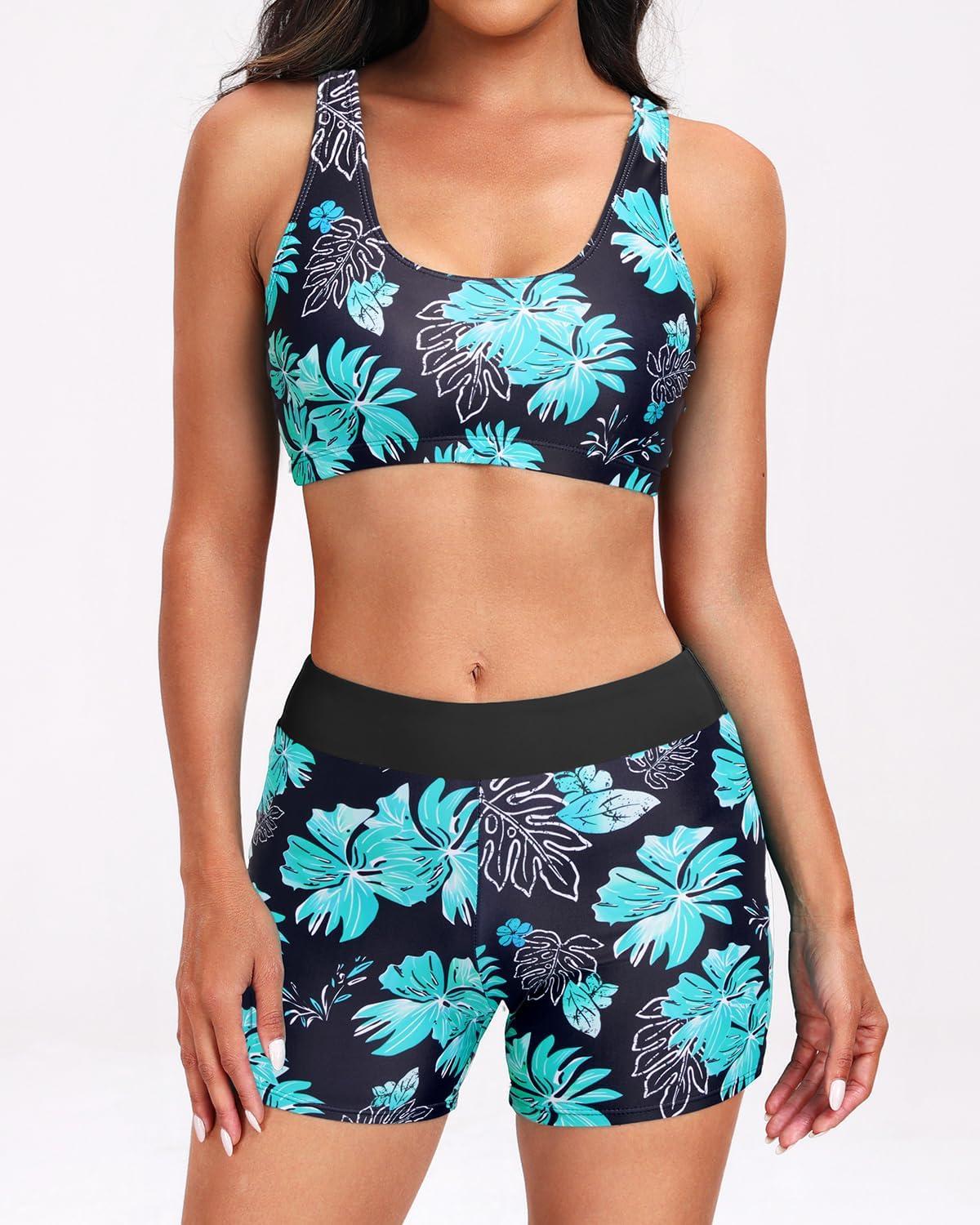 imageHolipick Long Sleeve Swimsuits for Women  3 Piece Rash Guard with Shorts Zipper SPF Swim Shirt with Built in BraGreen Floral