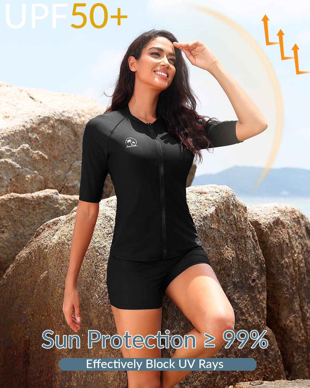 imageHolipick Women 2 Piece Rash Guard SwimsuitShort Sleeve Swim Shirt with Shorts Full Zipper SPF Modest SwimwearBlack