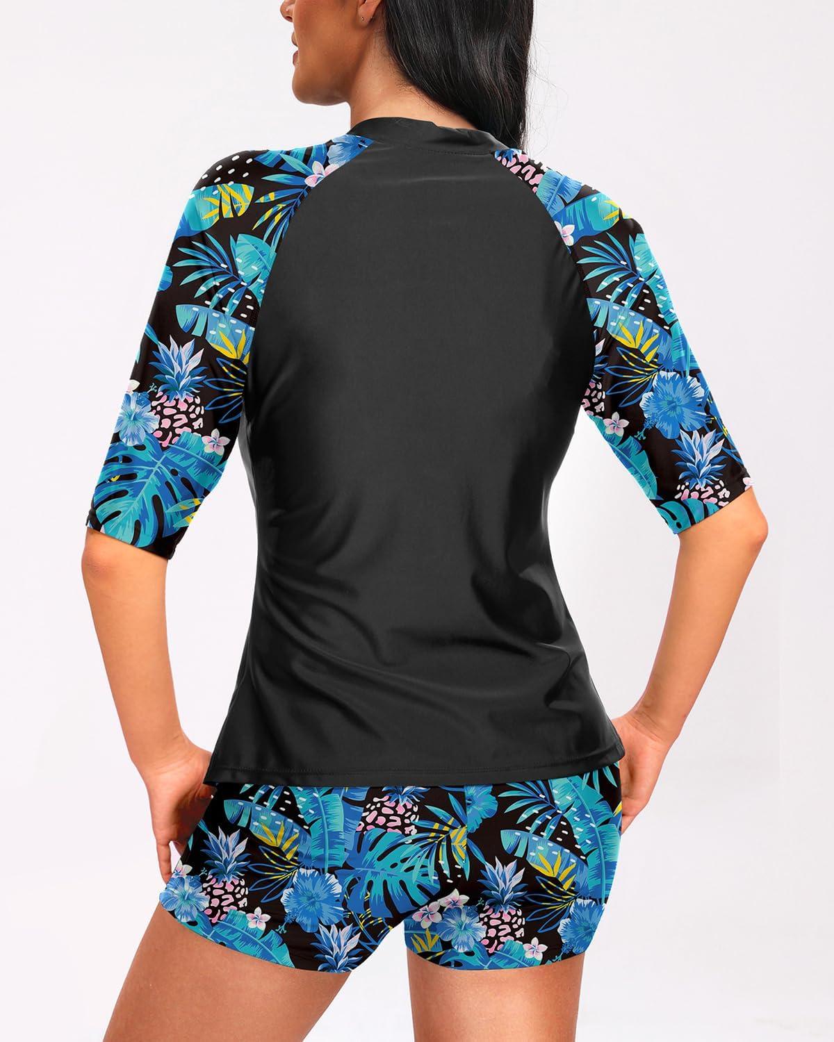imageHolipick Women 2 Piece Rash Guard SwimsuitShort Sleeve Swim Shirt with Shorts Full Zipper SPF Modest SwimwearBlue Floral