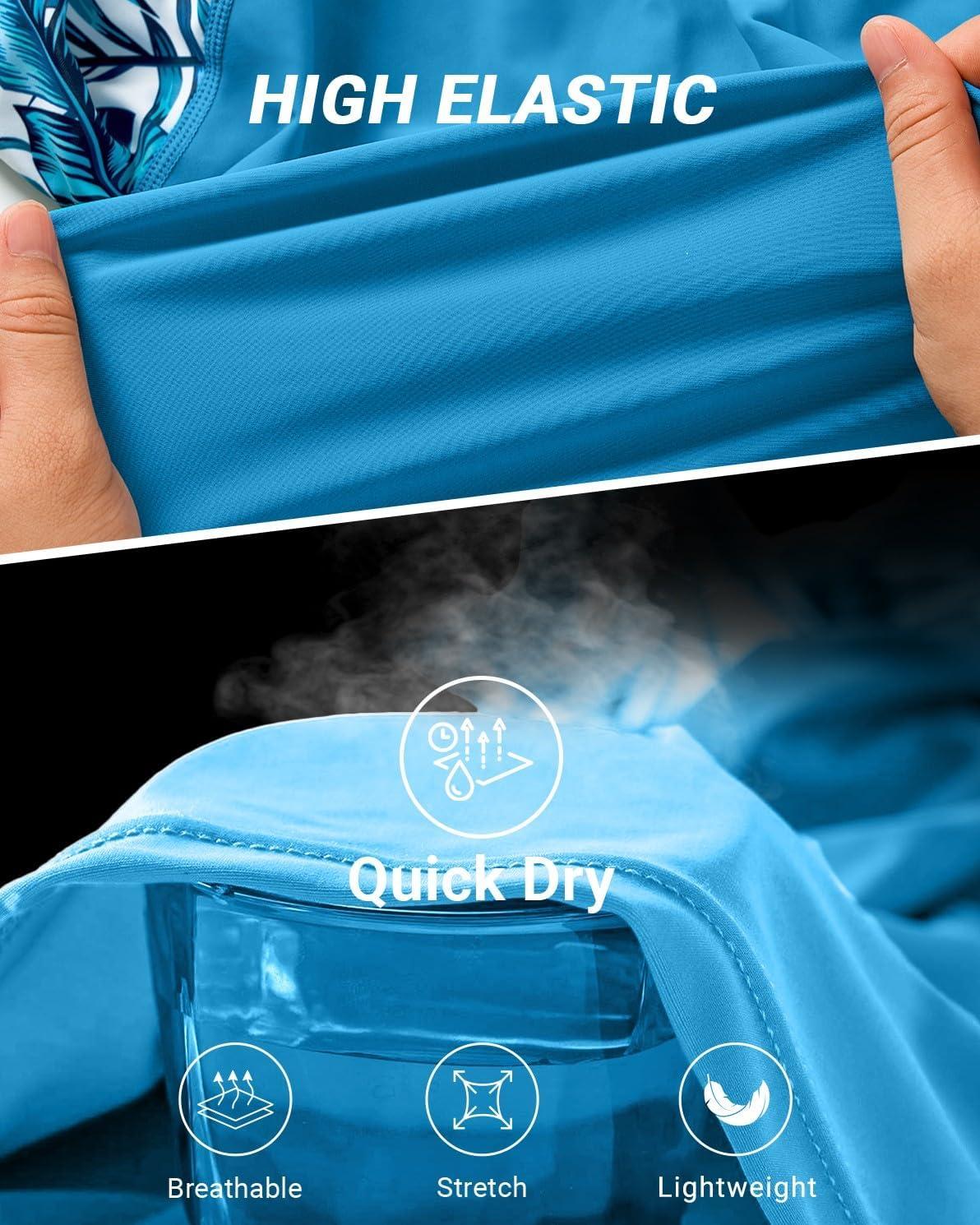 imageHolipick Women 2 Piece Rash Guard SwimsuitShort Sleeve Swim Shirt with Shorts Full Zipper SPF Modest SwimwearBlue Leaves