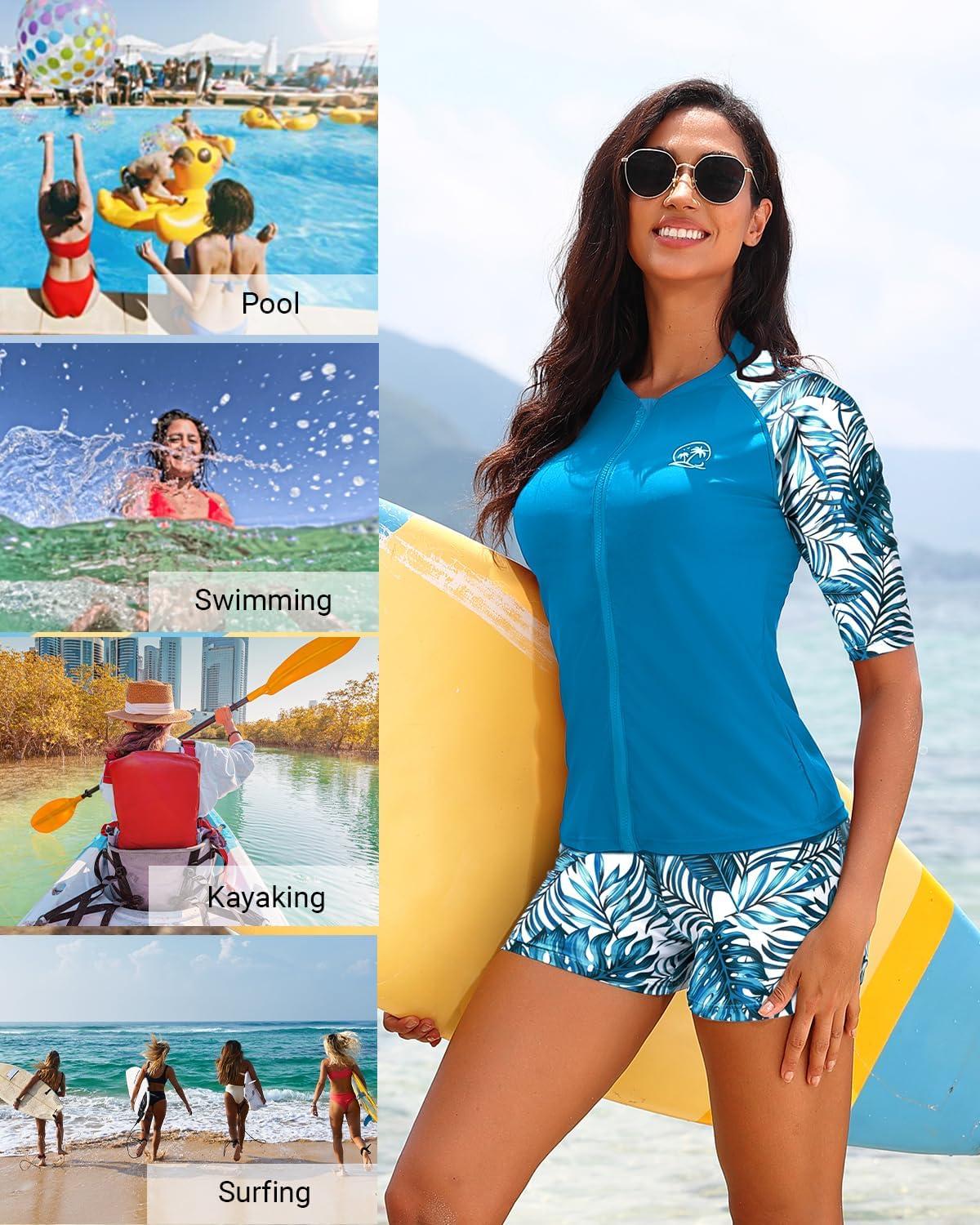 imageHolipick Women 2 Piece Rash Guard SwimsuitShort Sleeve Swim Shirt with Shorts Full Zipper SPF Modest SwimwearBlue Leaves