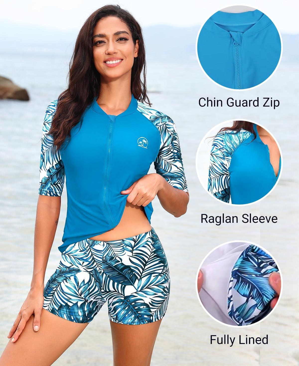 imageHolipick Women 2 Piece Rash Guard SwimsuitShort Sleeve Swim Shirt with Shorts Full Zipper SPF Modest SwimwearBlue Leaves