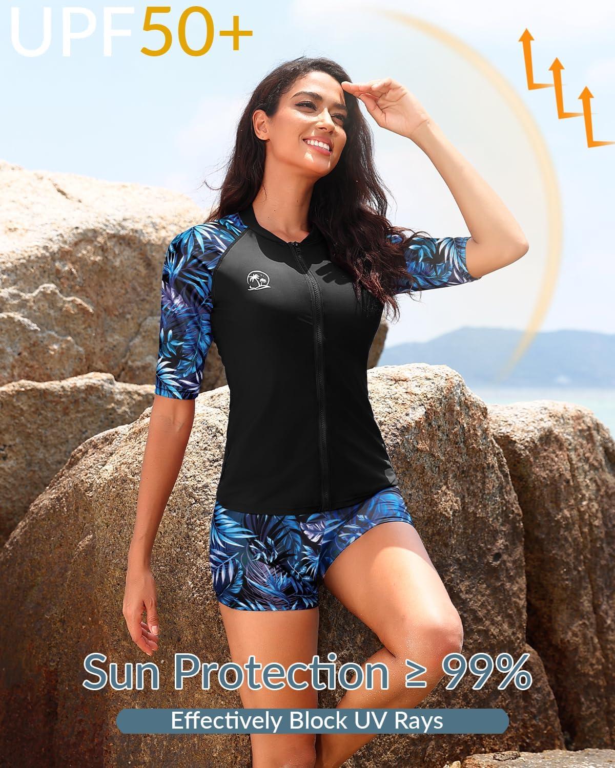 imageHolipick Women 2 Piece Rash Guard SwimsuitShort Sleeve Swim Shirt with Shorts Full Zipper SPF Modest SwimwearBlue Tropical