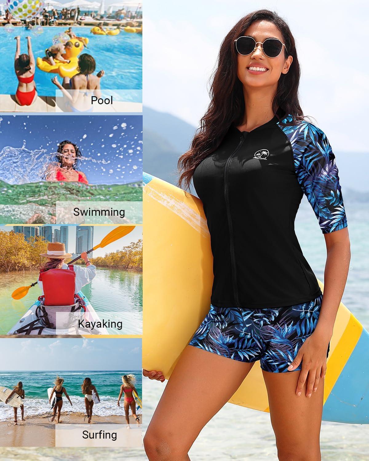 imageHolipick Women 2 Piece Rash Guard SwimsuitShort Sleeve Swim Shirt with Shorts Full Zipper SPF Modest SwimwearBlue Tropical