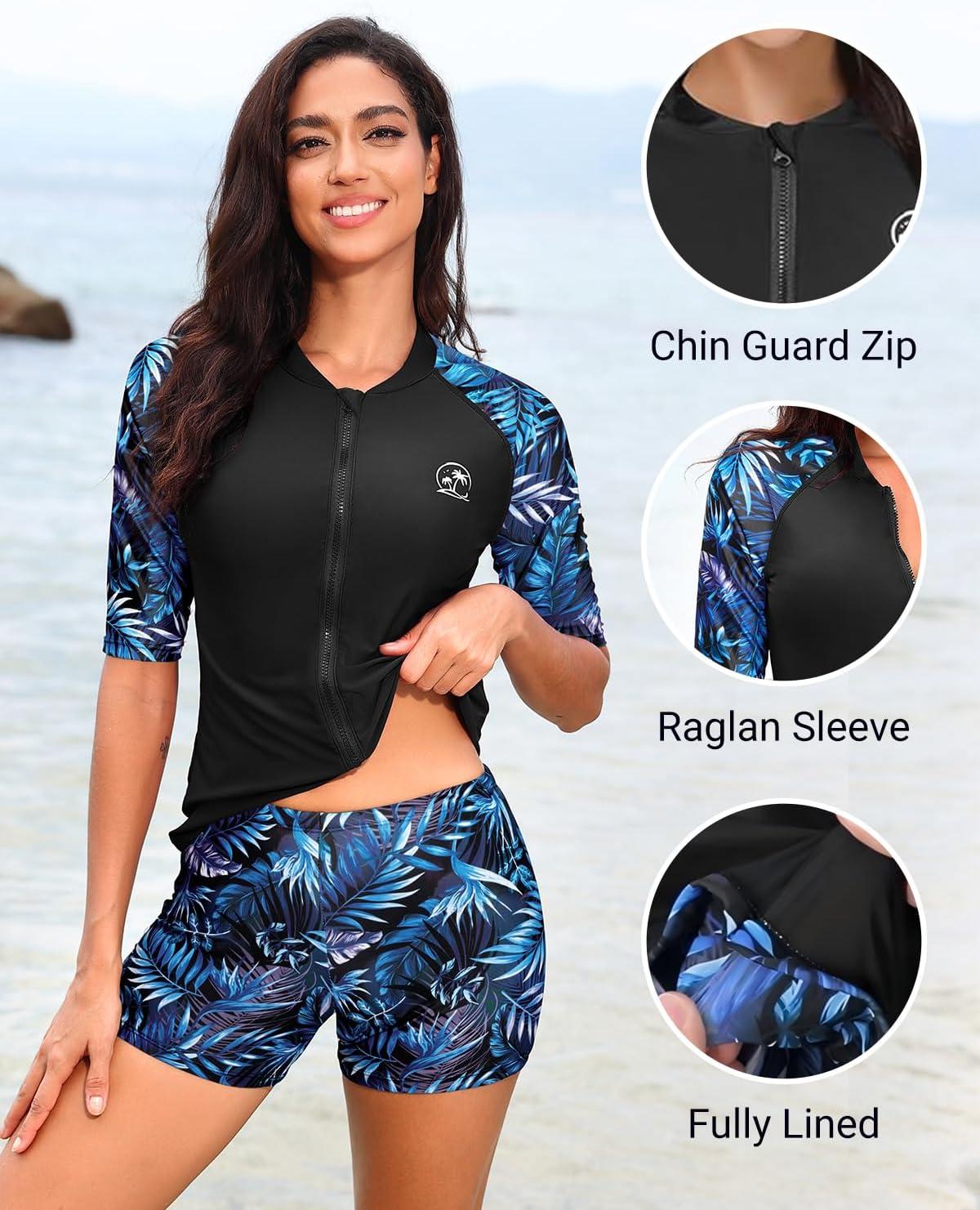 imageHolipick Women 2 Piece Rash Guard SwimsuitShort Sleeve Swim Shirt with Shorts Full Zipper SPF Modest SwimwearBlue Tropical