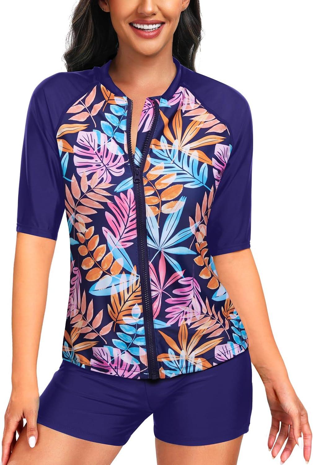 imageHolipick Women 2 Piece Rash Guard SwimsuitShort Sleeve Swim Shirt with Shorts Full Zipper SPF Modest SwimwearColorful Leaves