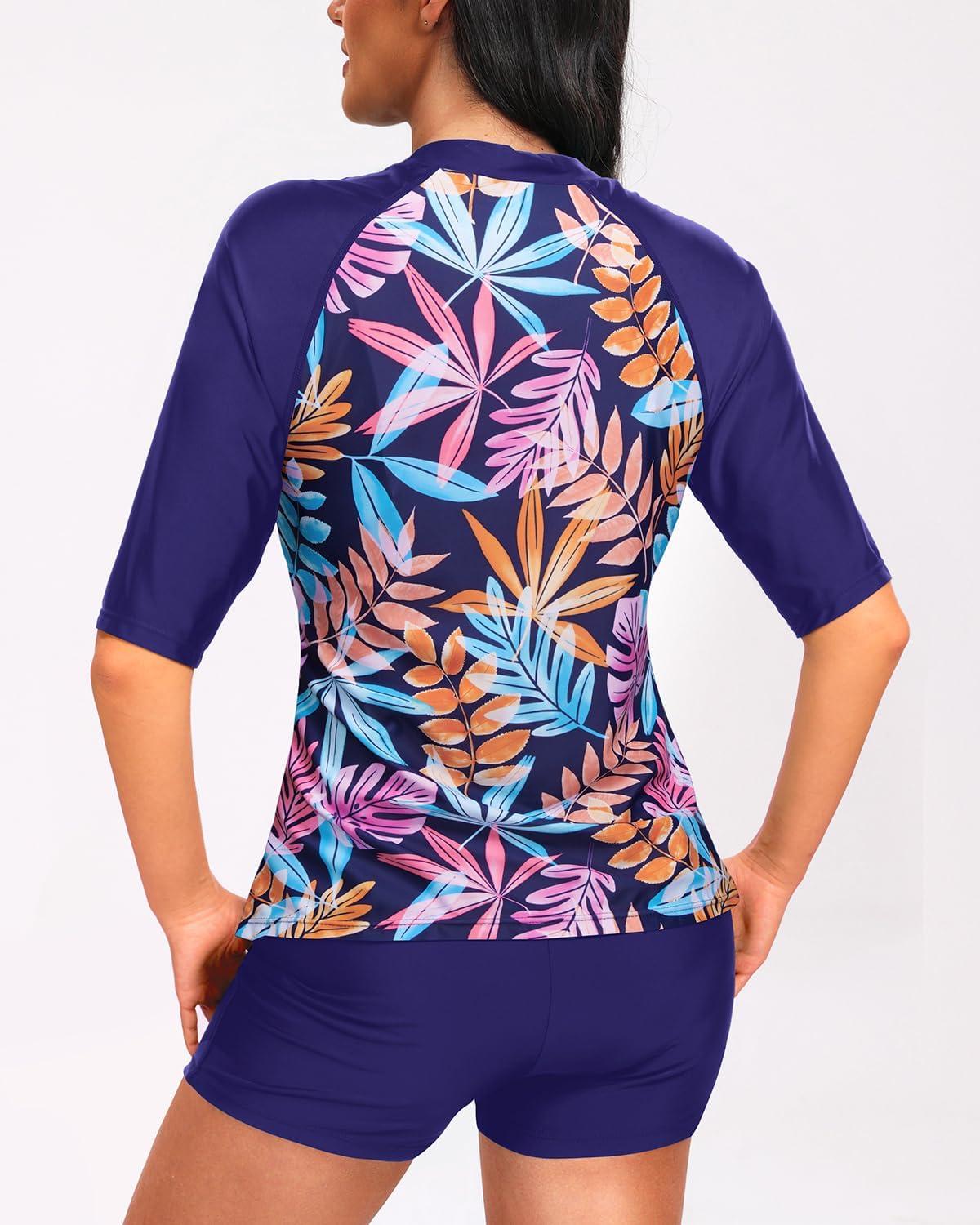 imageHolipick Women 2 Piece Rash Guard SwimsuitShort Sleeve Swim Shirt with Shorts Full Zipper SPF Modest SwimwearColorful Leaves