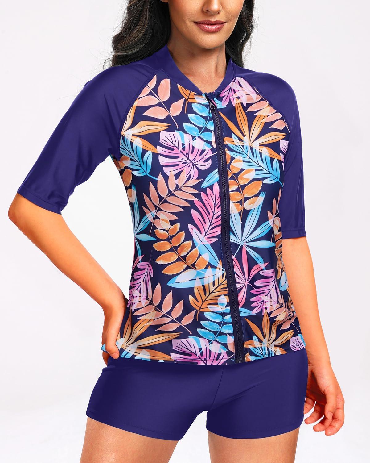 imageHolipick Women 2 Piece Rash Guard SwimsuitShort Sleeve Swim Shirt with Shorts Full Zipper SPF Modest SwimwearColorful Leaves