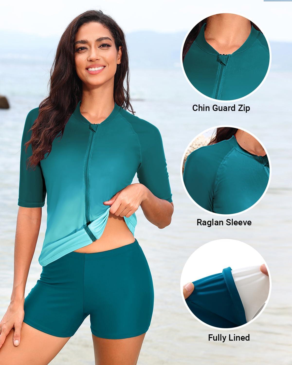 imageHolipick Women 2 Piece Rash Guard SwimsuitShort Sleeve Swim Shirt with Shorts Full Zipper SPF Modest SwimwearGreen Gradient
