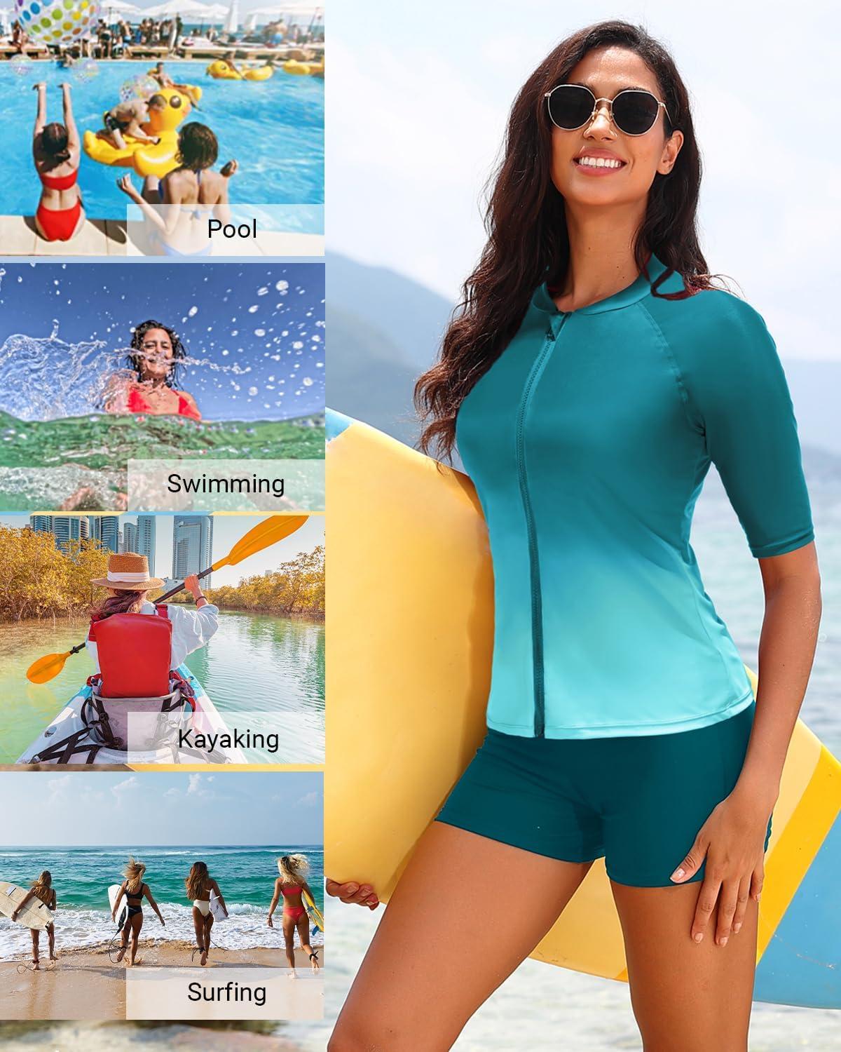 imageHolipick Women 2 Piece Rash Guard SwimsuitShort Sleeve Swim Shirt with Shorts Full Zipper SPF Modest SwimwearGreen Gradient