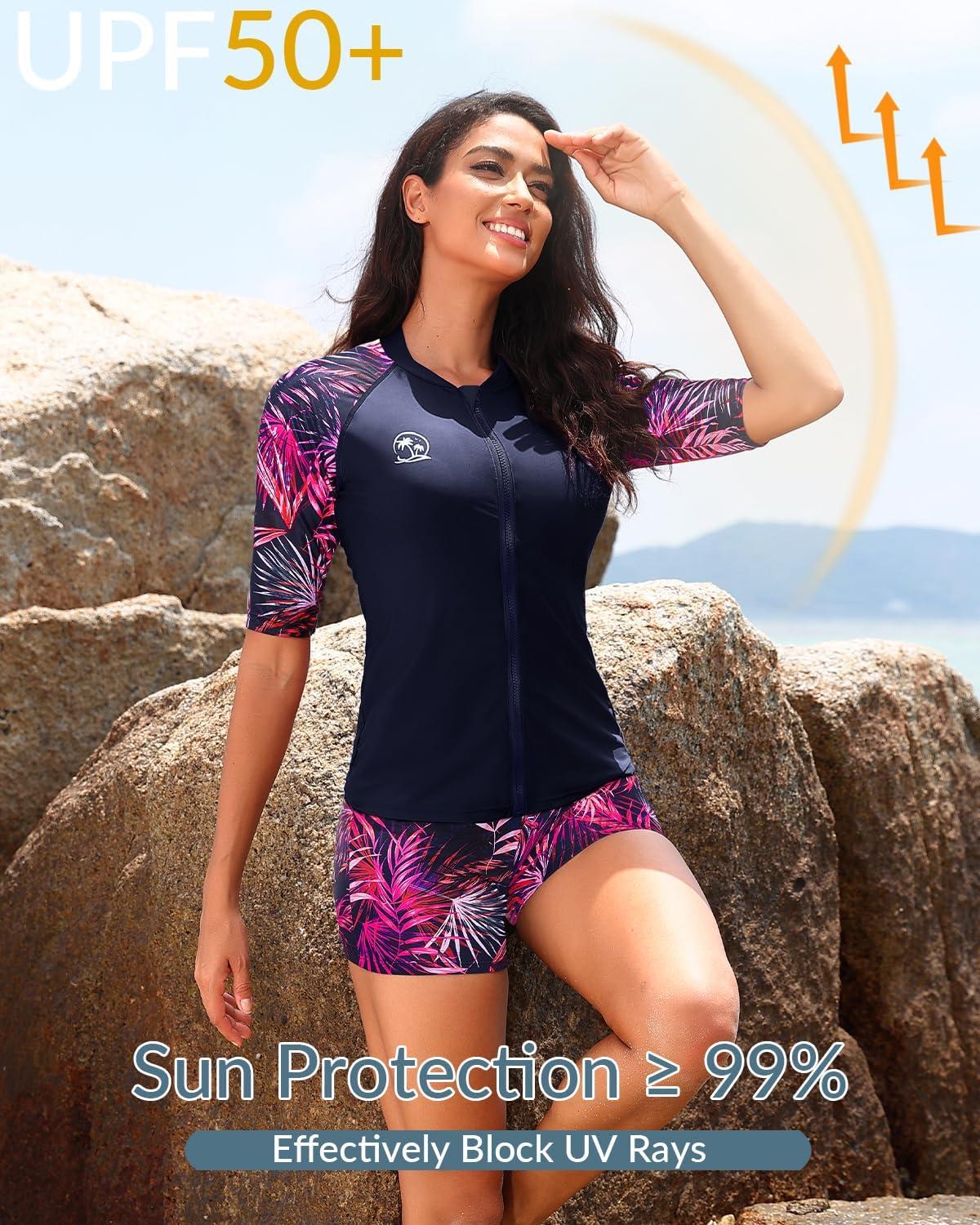 imageHolipick Women 2 Piece Rash Guard SwimsuitShort Sleeve Swim Shirt with Shorts Full Zipper SPF Modest SwimwearPink Leaves