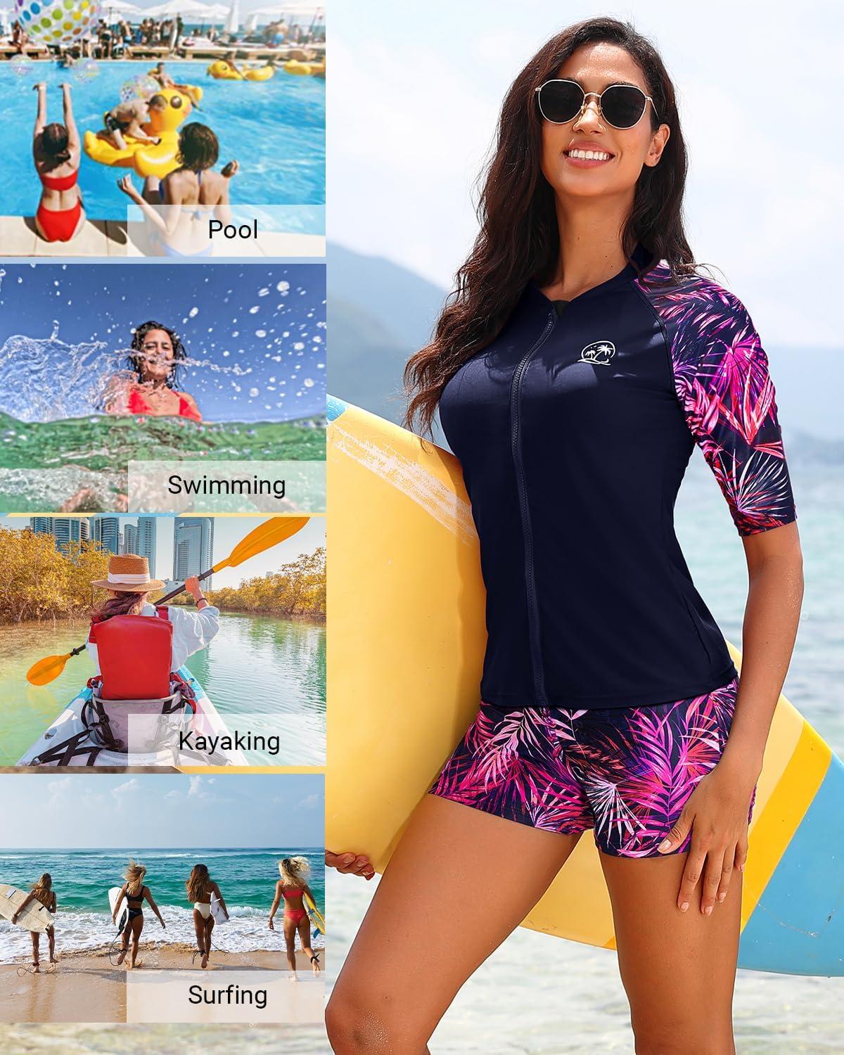 imageHolipick Women 2 Piece Rash Guard SwimsuitShort Sleeve Swim Shirt with Shorts Full Zipper SPF Modest SwimwearPink Leaves