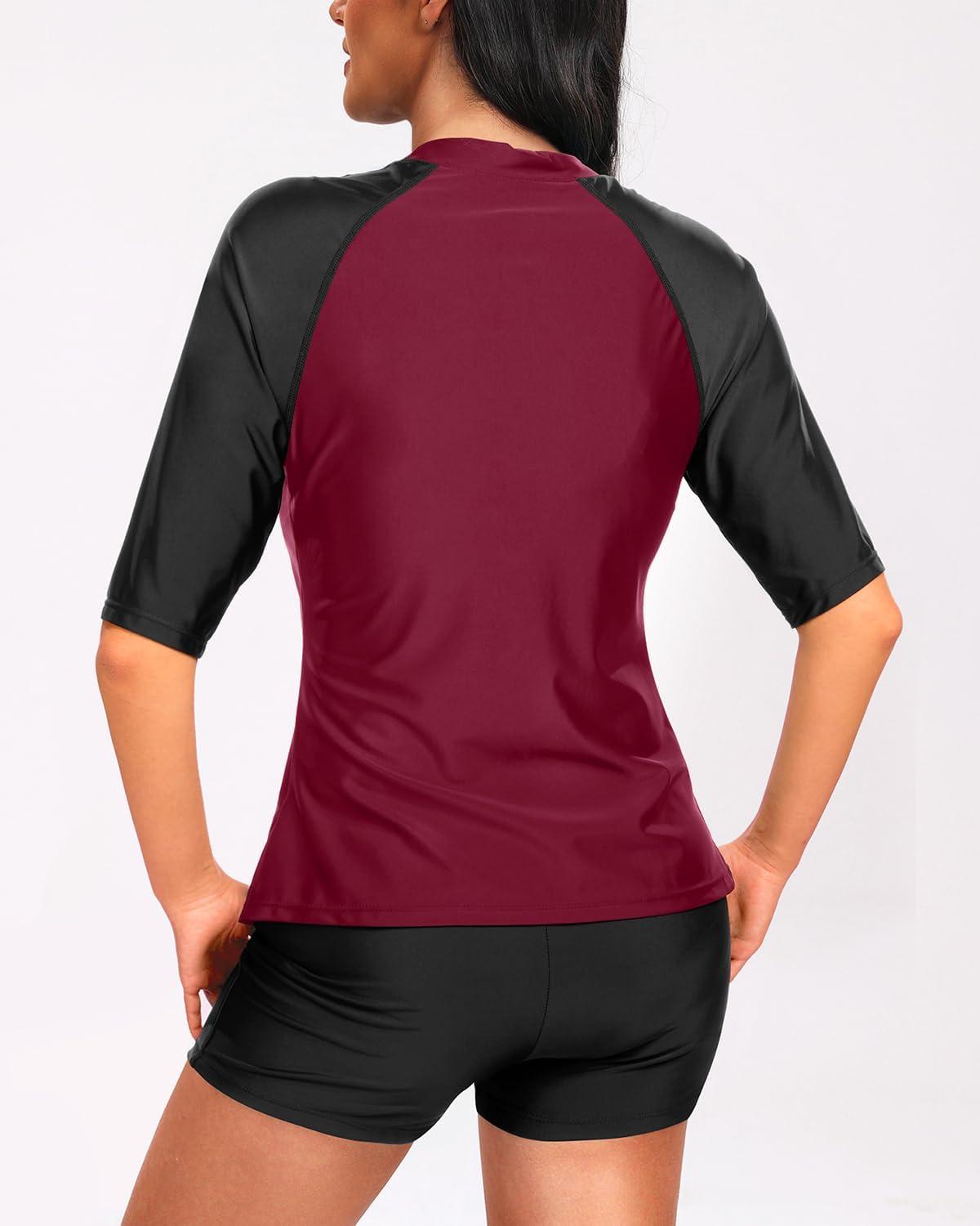 imageHolipick Women 2 Piece Rash Guard SwimsuitShort Sleeve Swim Shirt with Shorts Full Zipper SPF Modest SwimwearShort Sleeve Purple