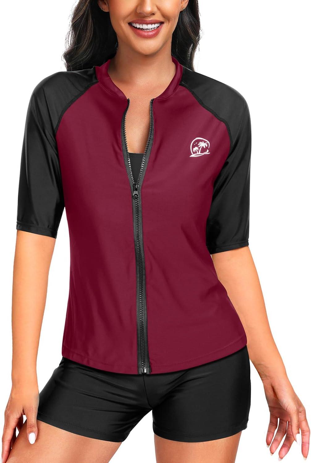 imageHolipick Women 2 Piece Rash Guard SwimsuitShort Sleeve Swim Shirt with Shorts Full Zipper SPF Modest SwimwearShort Sleeve Purple