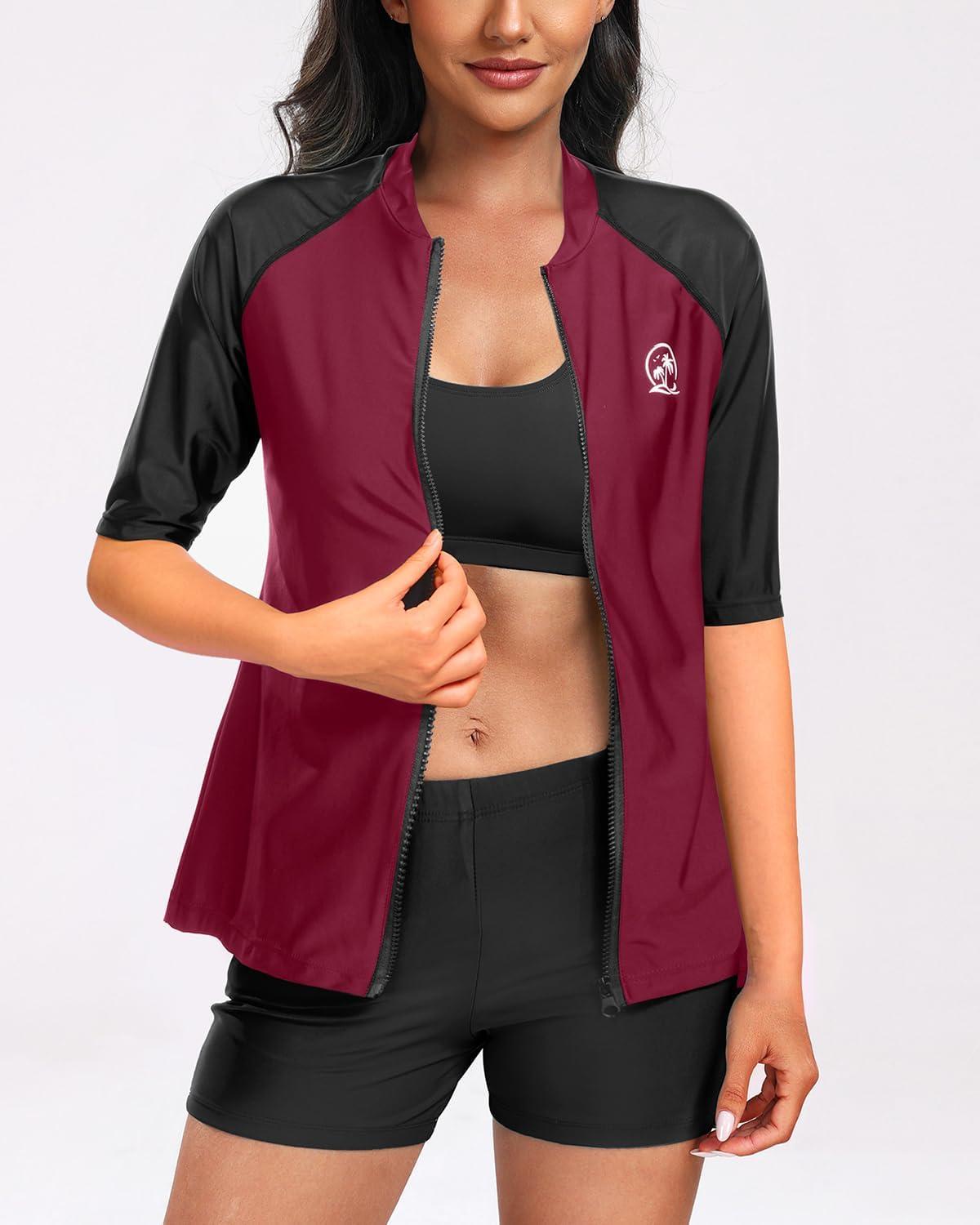 imageHolipick Women 2 Piece Rash Guard SwimsuitShort Sleeve Swim Shirt with Shorts Full Zipper SPF Modest SwimwearShort Sleeve Purple