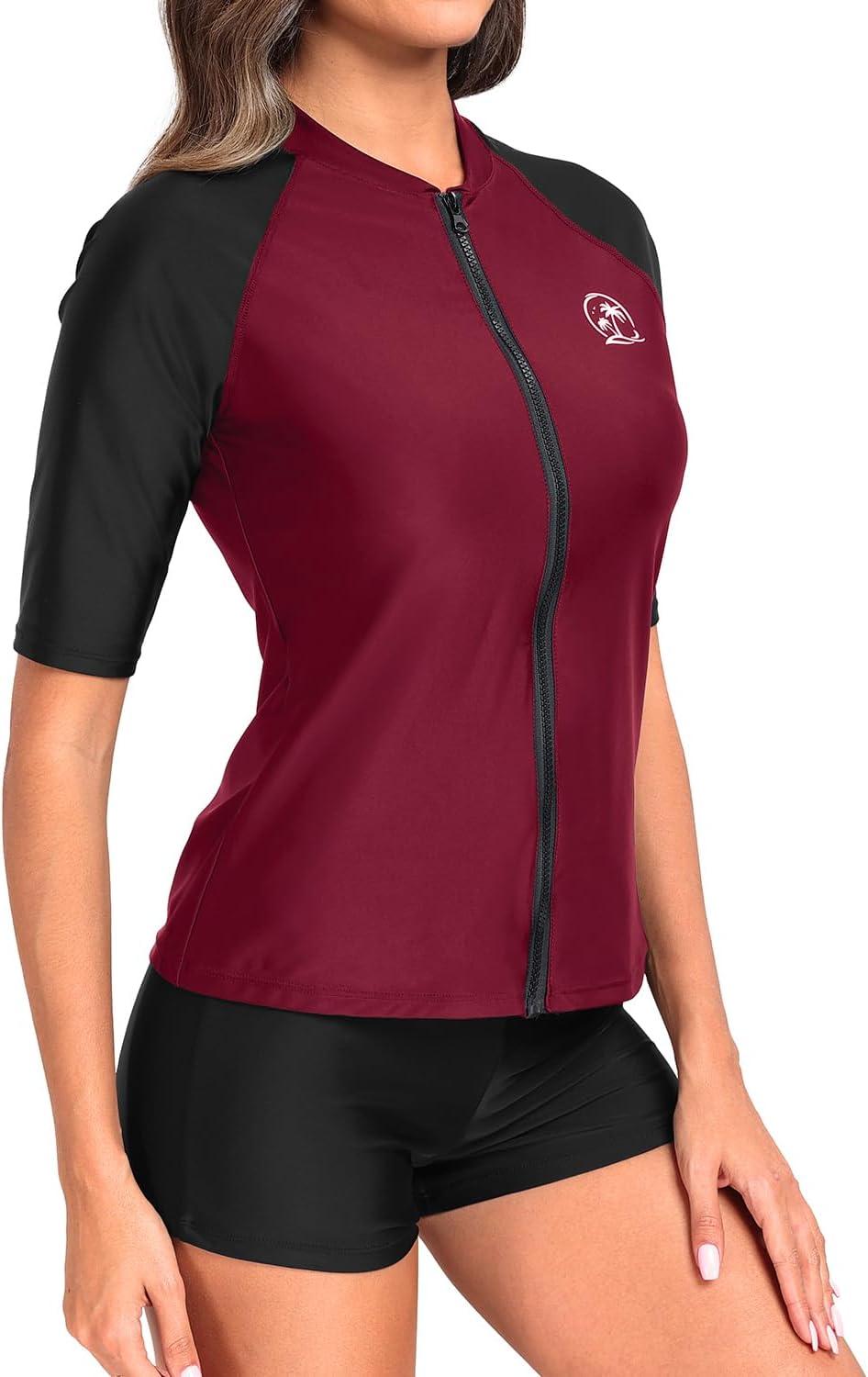 imageHolipick Women 2 Piece Rash Guard SwimsuitShort Sleeve Swim Shirt with Shorts Full Zipper SPF Modest SwimwearShort Sleeve Purple