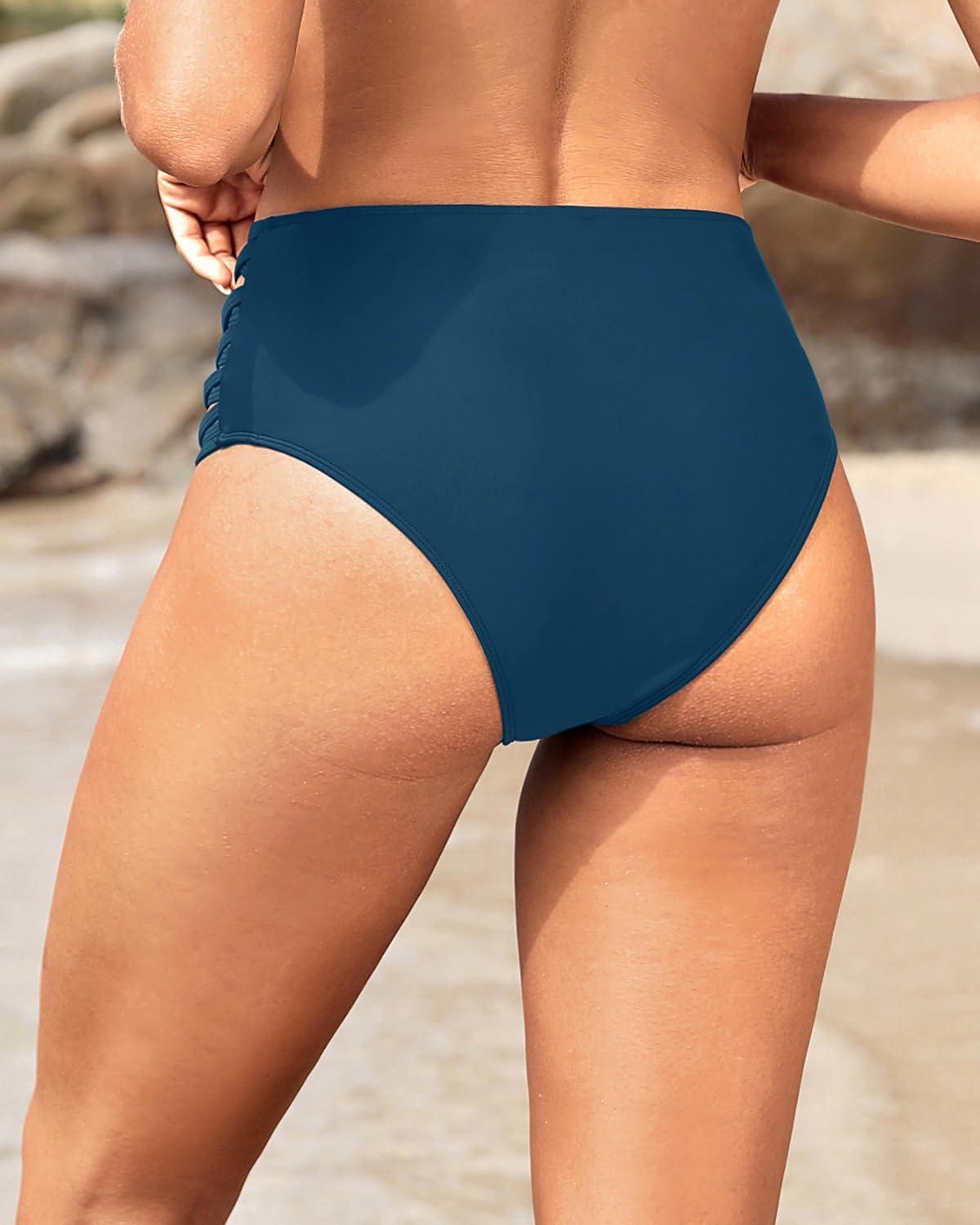 imageHolipick Women High Waisted Bikini Bottoms Tummy Control Swimsuit Bottoms Strappy Swim BottomInsignia Blue