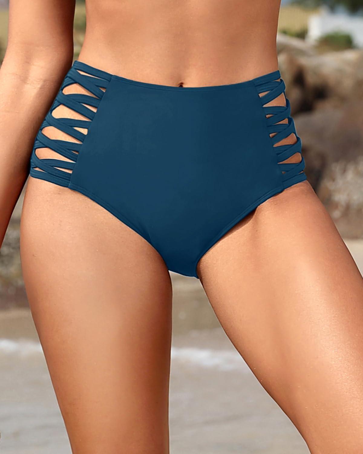 imageHolipick Women High Waisted Bikini Bottoms Tummy Control Swimsuit Bottoms Strappy Swim BottomInsignia Blue