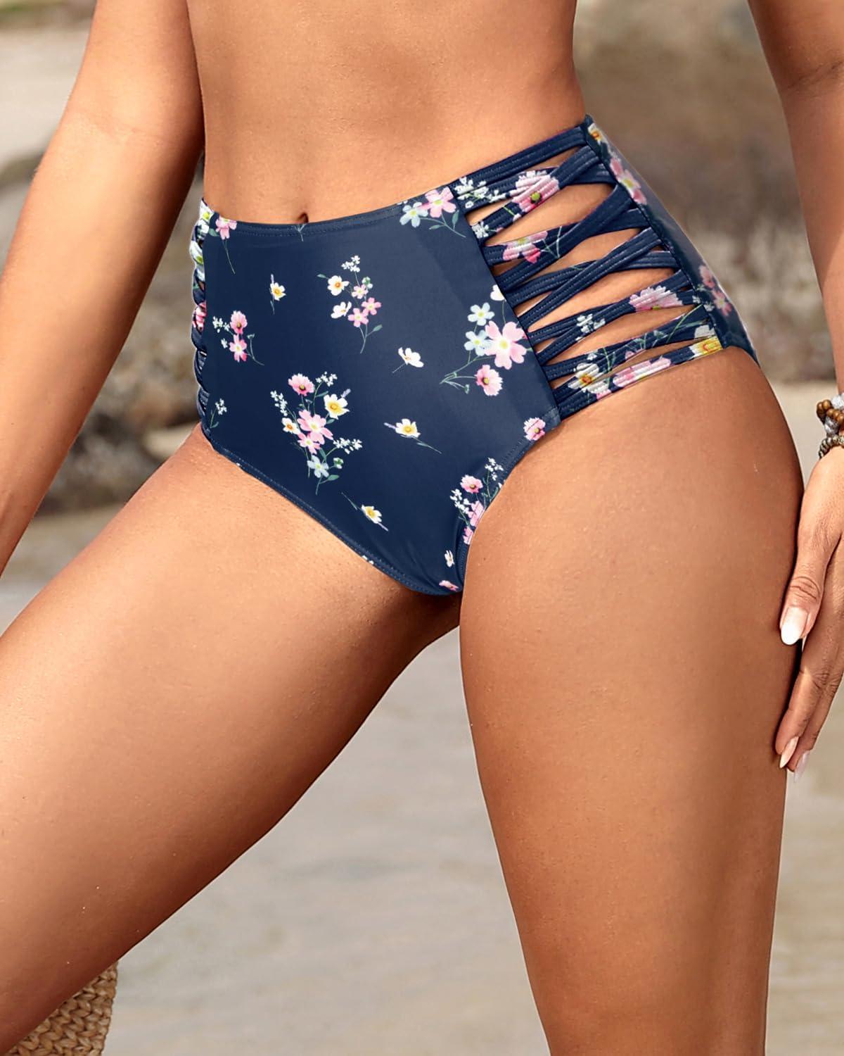 imageHolipick Women High Waisted Bikini Bottoms Tummy Control Swimsuit Bottoms Strappy Swim BottomNavy Floral