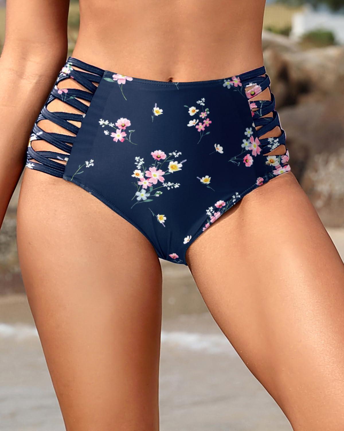 imageHolipick Women High Waisted Bikini Bottoms Tummy Control Swimsuit Bottoms Strappy Swim BottomNavy Floral