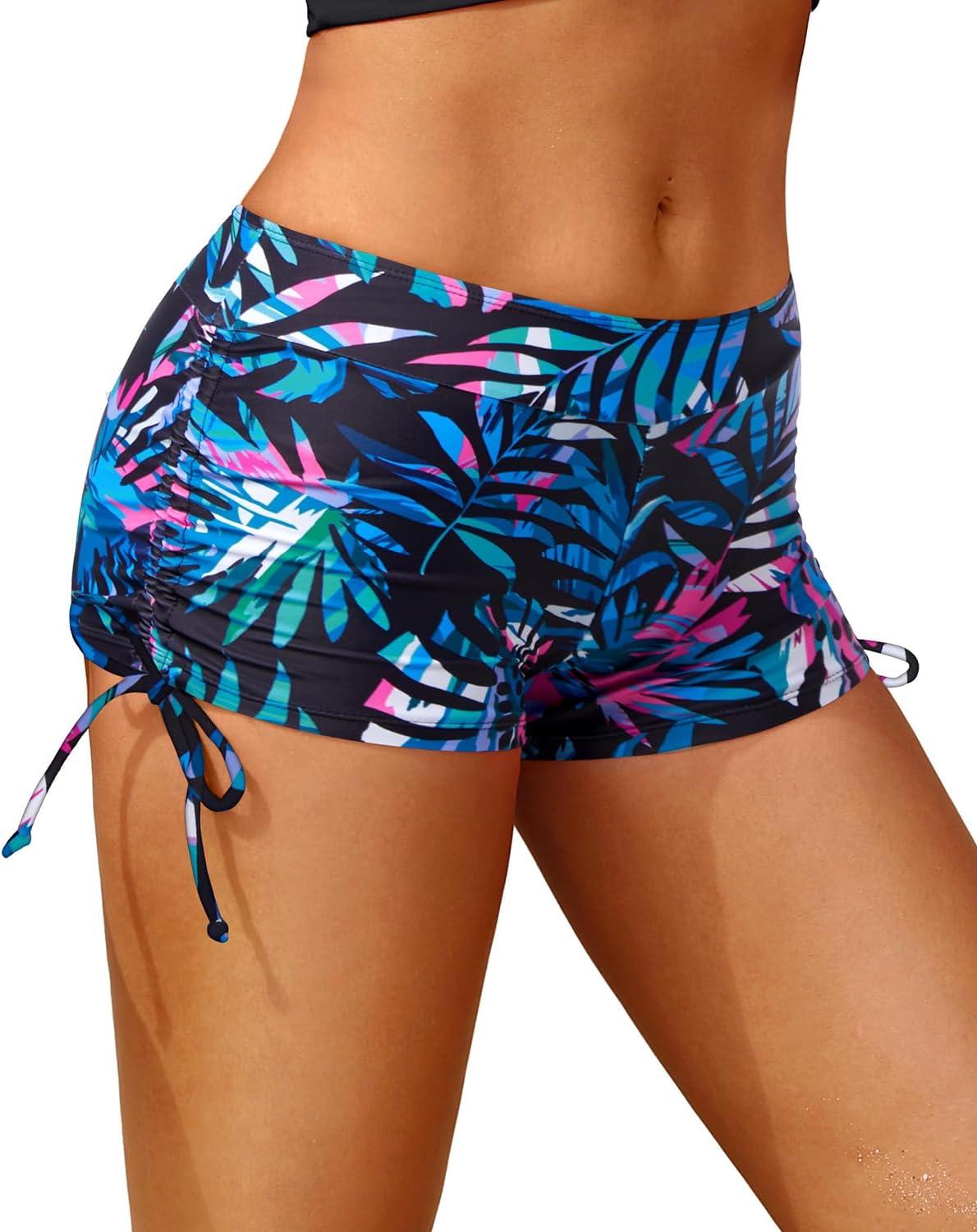 imageHolipick Women Swim Shorts Tummy Control Swim Bottoms Boyleg Swimsuits Shorts Bathing Suit Bikini BottomsBlue Leaf