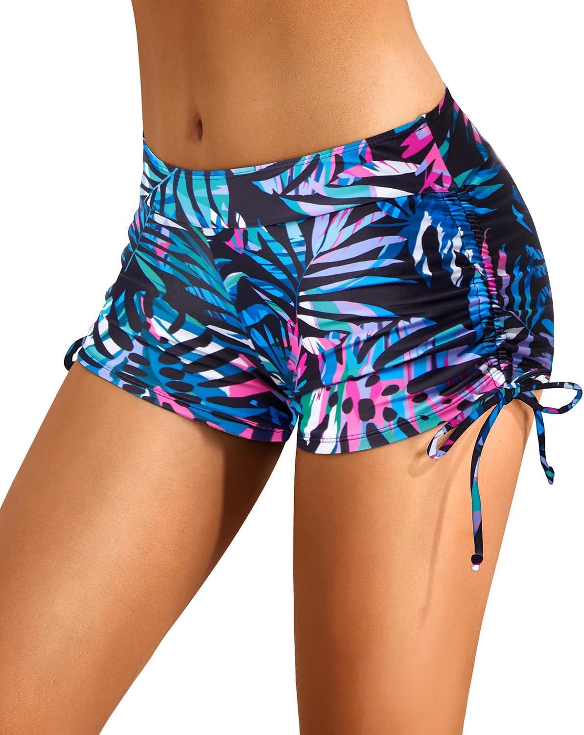 imageHolipick Women Swim Shorts Tummy Control Swim Bottoms Boyleg Swimsuits Shorts Bathing Suit Bikini BottomsBlue Leaf