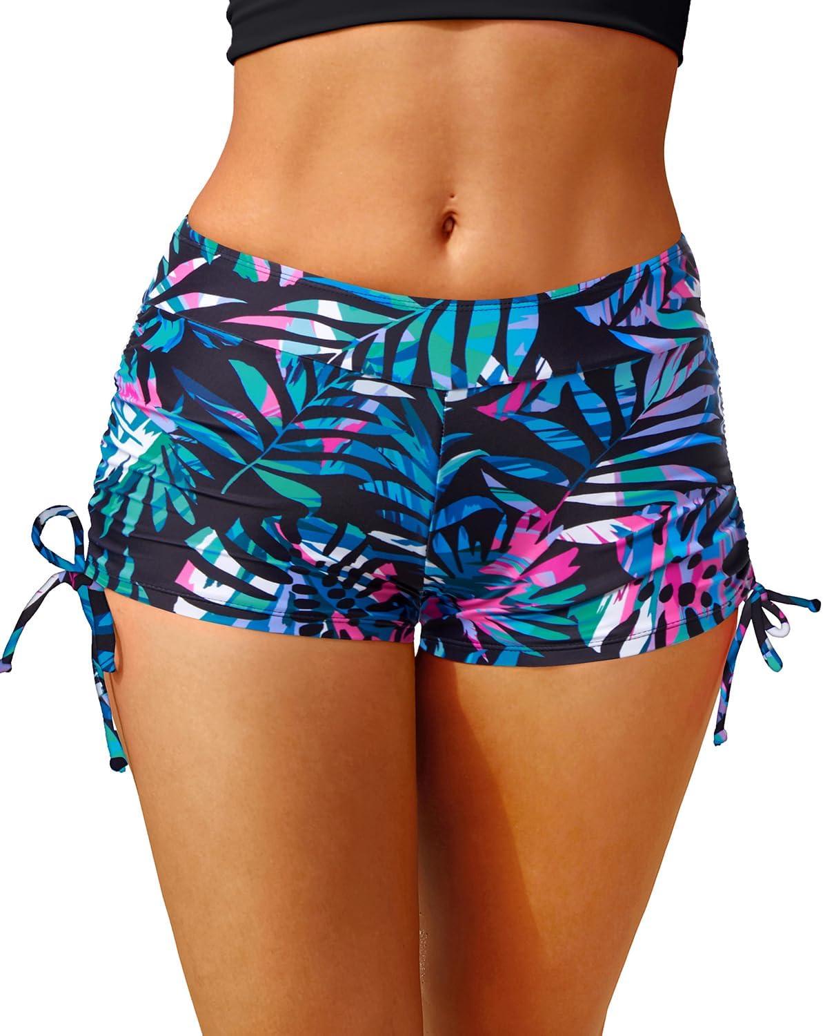 imageHolipick Women Swim Shorts Tummy Control Swim Bottoms Boyleg Swimsuits Shorts Bathing Suit Bikini BottomsBlue Leaf