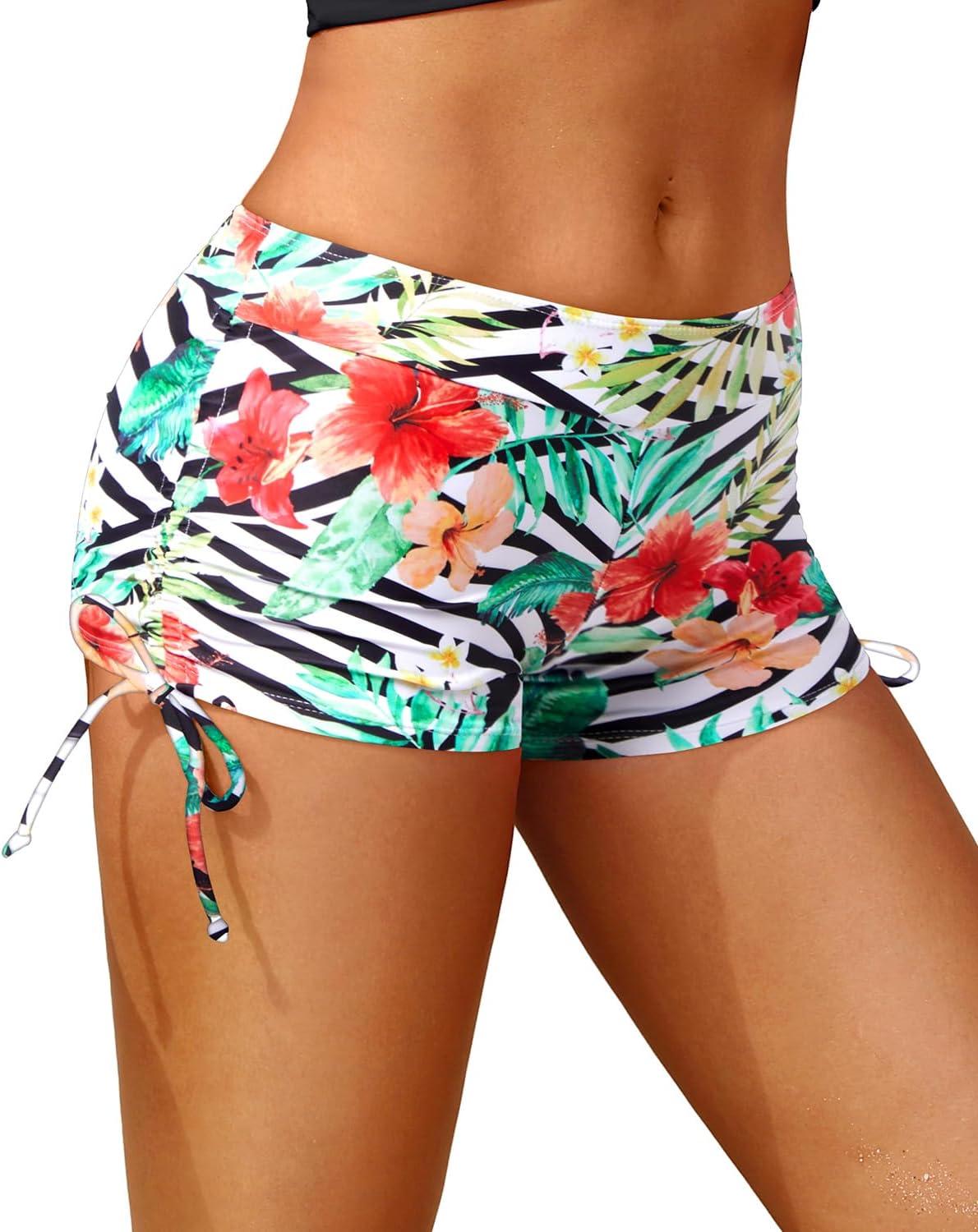 imageHolipick Women Swim Shorts Tummy Control Swim Bottoms Boyleg Swimsuits Shorts Bathing Suit Bikini BottomsStriped and Floral