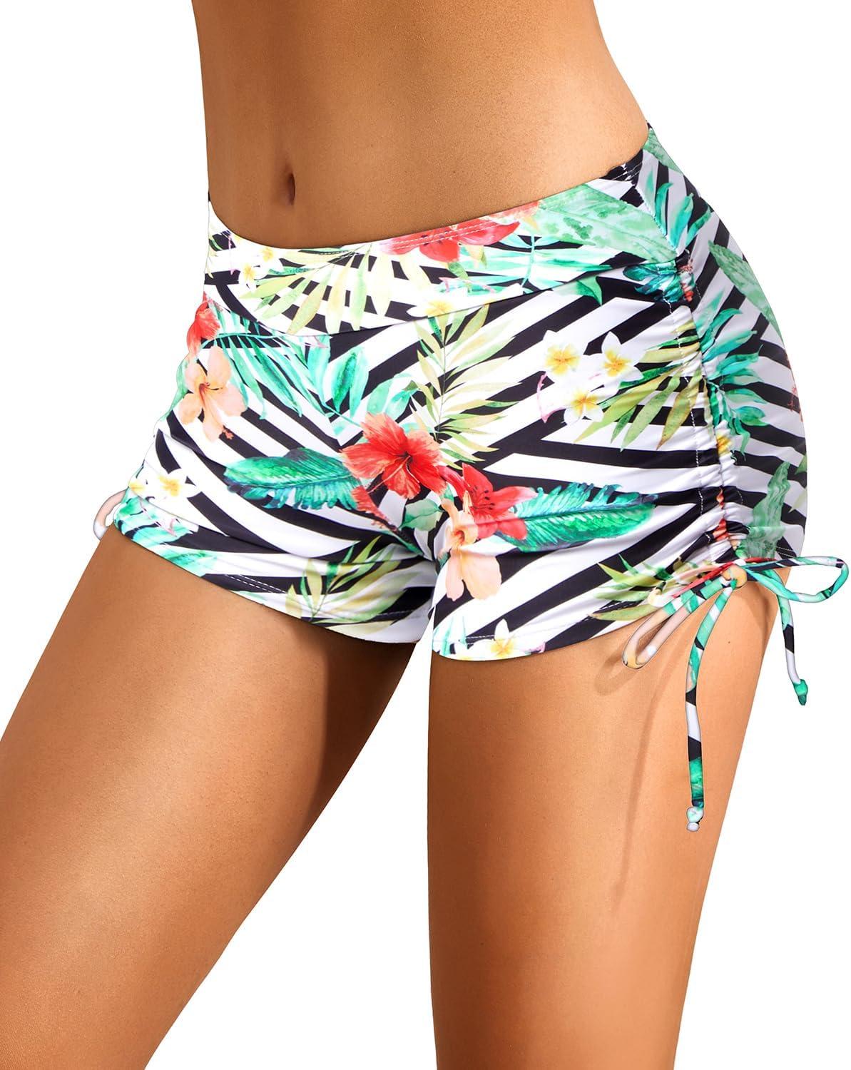 imageHolipick Women Swim Shorts Tummy Control Swim Bottoms Boyleg Swimsuits Shorts Bathing Suit Bikini BottomsStriped and Floral