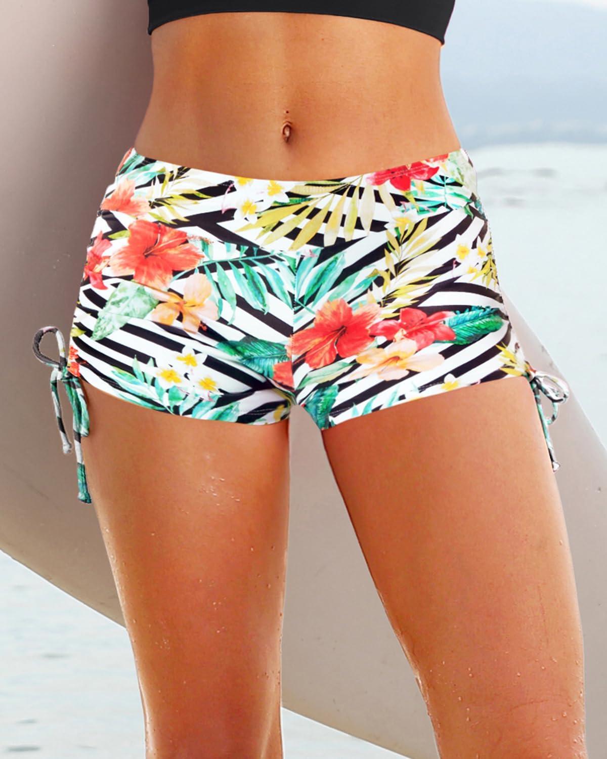 imageHolipick Women Swim Shorts Tummy Control Swim Bottoms Boyleg Swimsuits Shorts Bathing Suit Bikini BottomsStriped and Floral