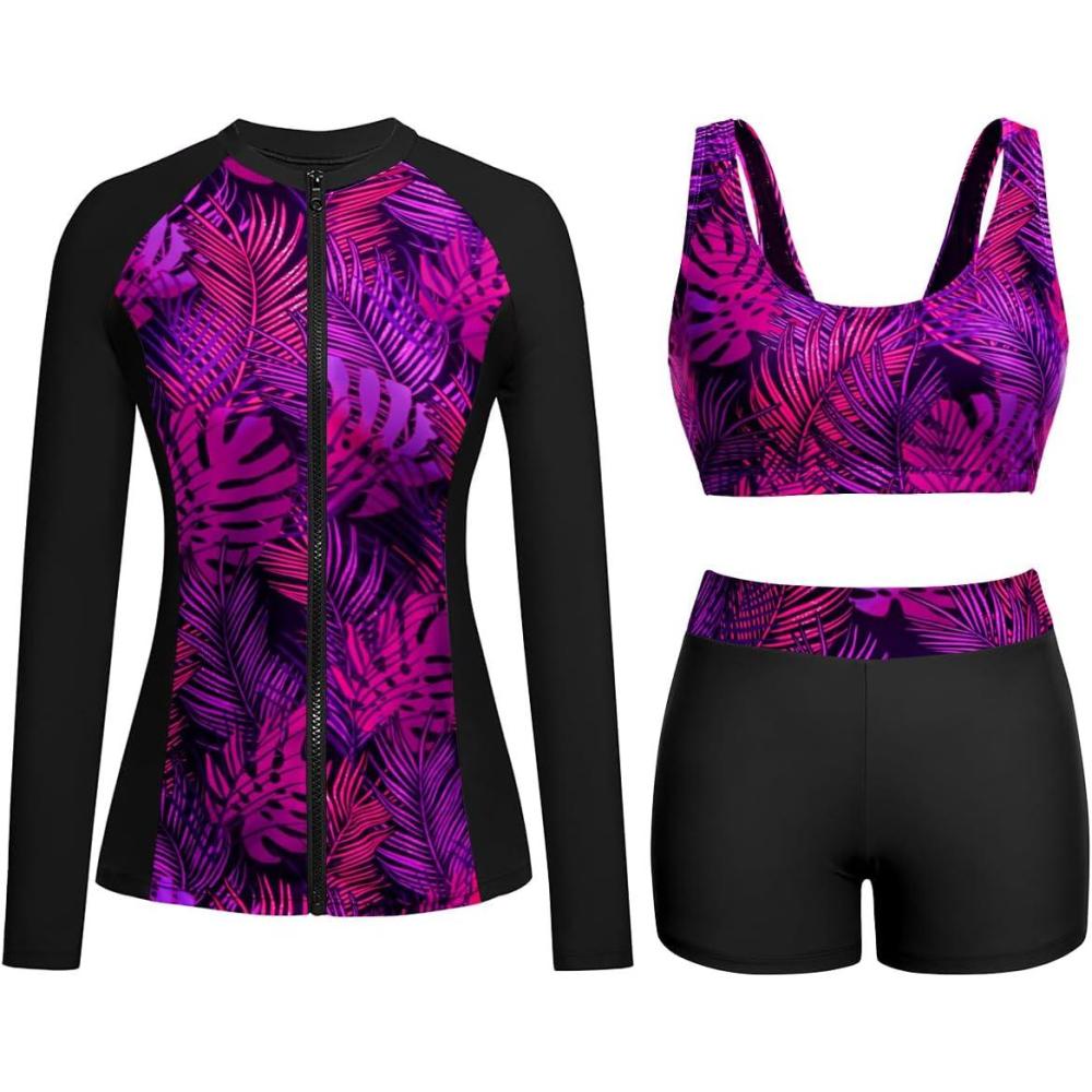imageHolipick Long Sleeve Swimsuits for Women  3 Piece Rash Guard with Shorts Zipper SPF Swim Shirt with Built in BraBlack Purple Leaf