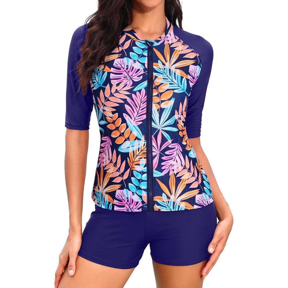 imageHolipick Women 2 Piece Rash Guard SwimsuitShort Sleeve Swim Shirt with Shorts Full Zipper SPF Modest SwimwearColorful Leaves