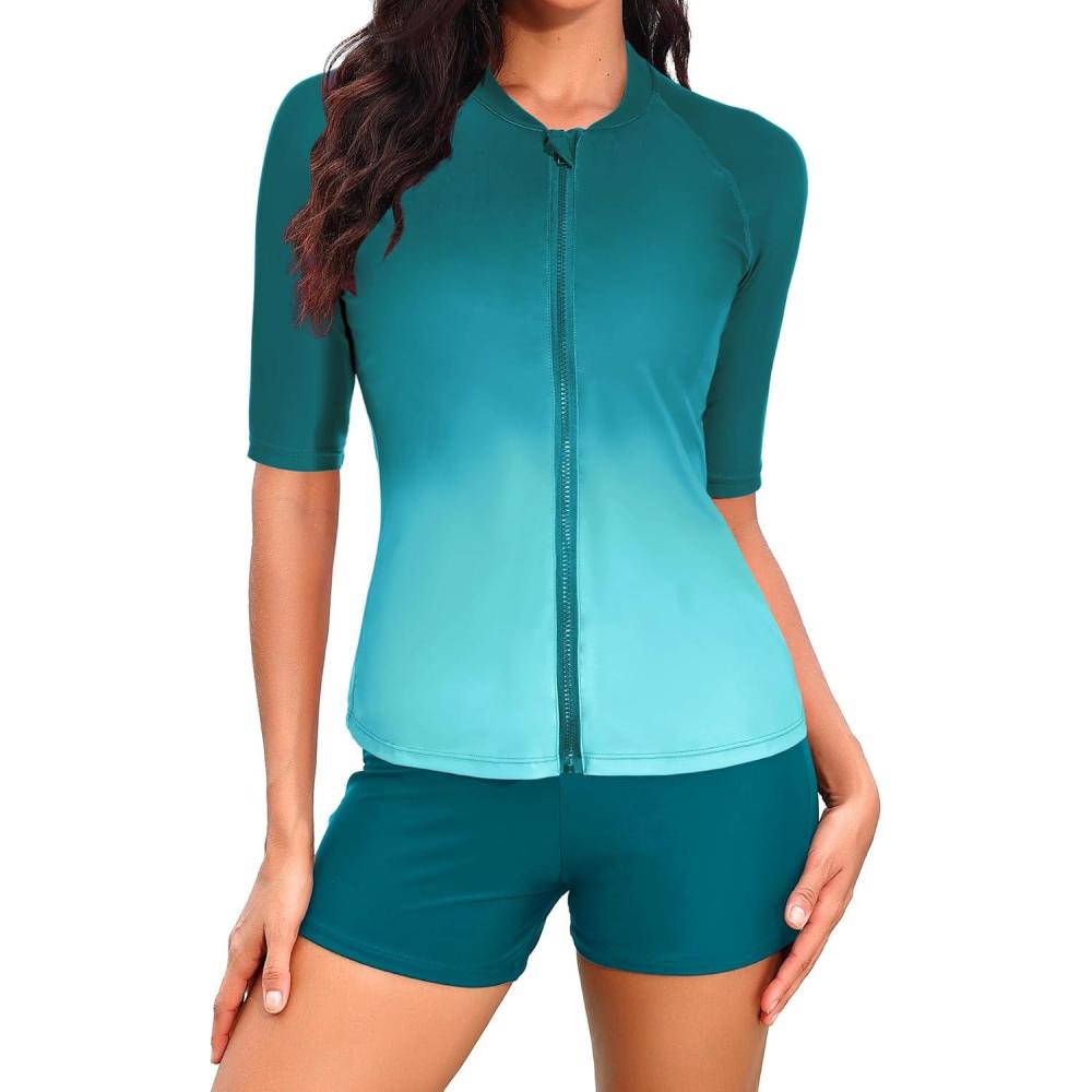 imageHolipick Women 2 Piece Rash Guard SwimsuitShort Sleeve Swim Shirt with Shorts Full Zipper SPF Modest SwimwearGreen Gradient
