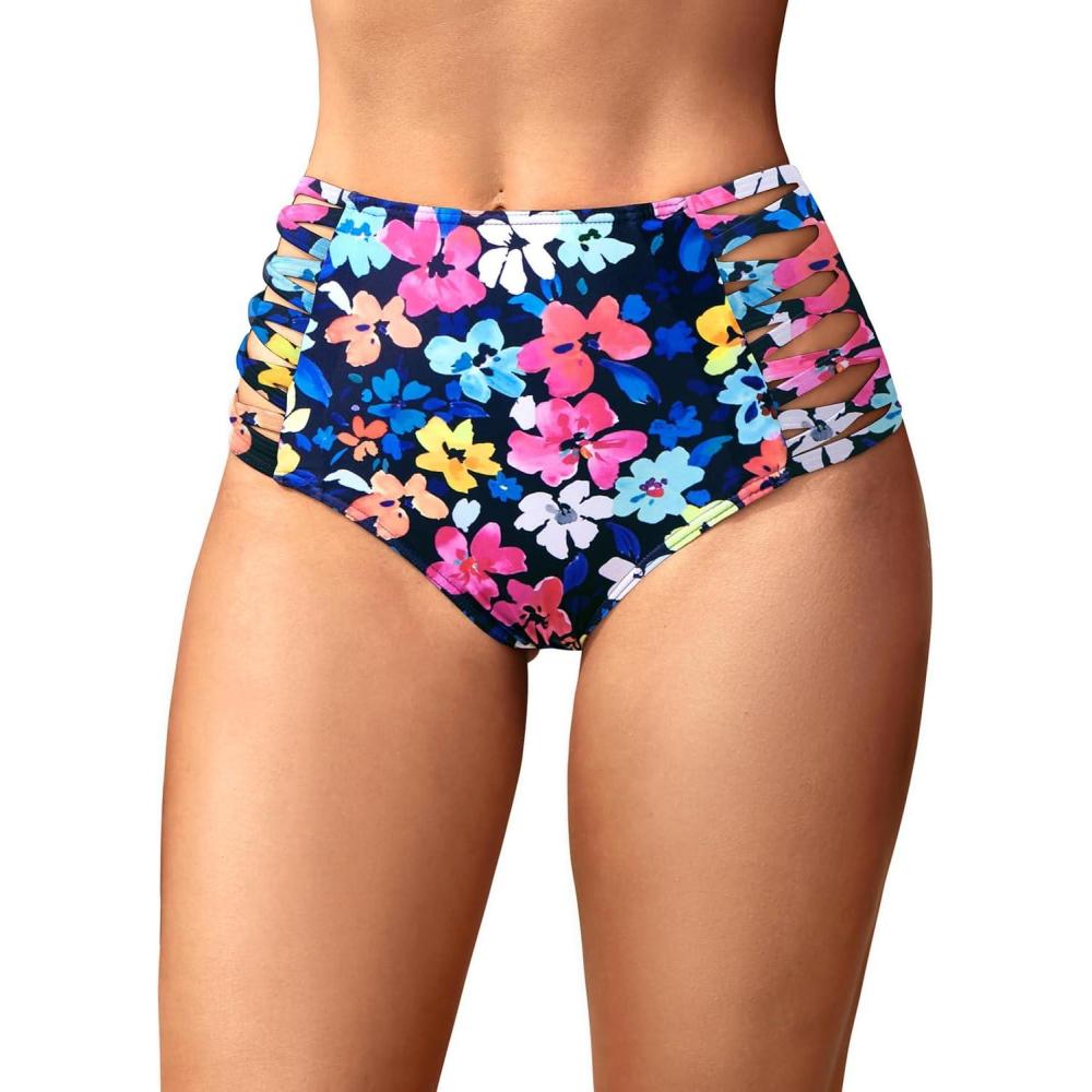 imageHolipick Women High Waisted Bikini Bottoms Tummy Control Swimsuit Bottoms Strappy Swim BottomBlue Colorful Flowers