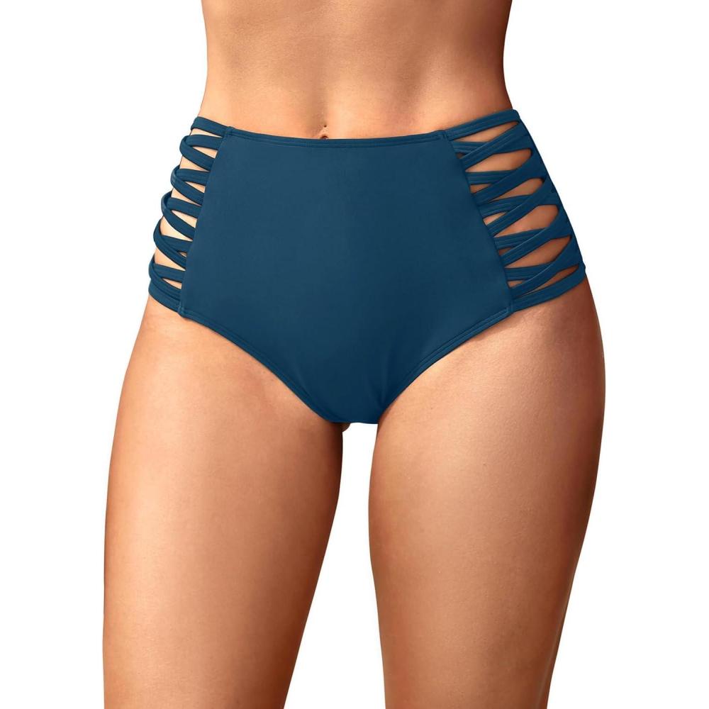 imageHolipick Women High Waisted Bikini Bottoms Tummy Control Swimsuit Bottoms Strappy Swim BottomInsignia Blue