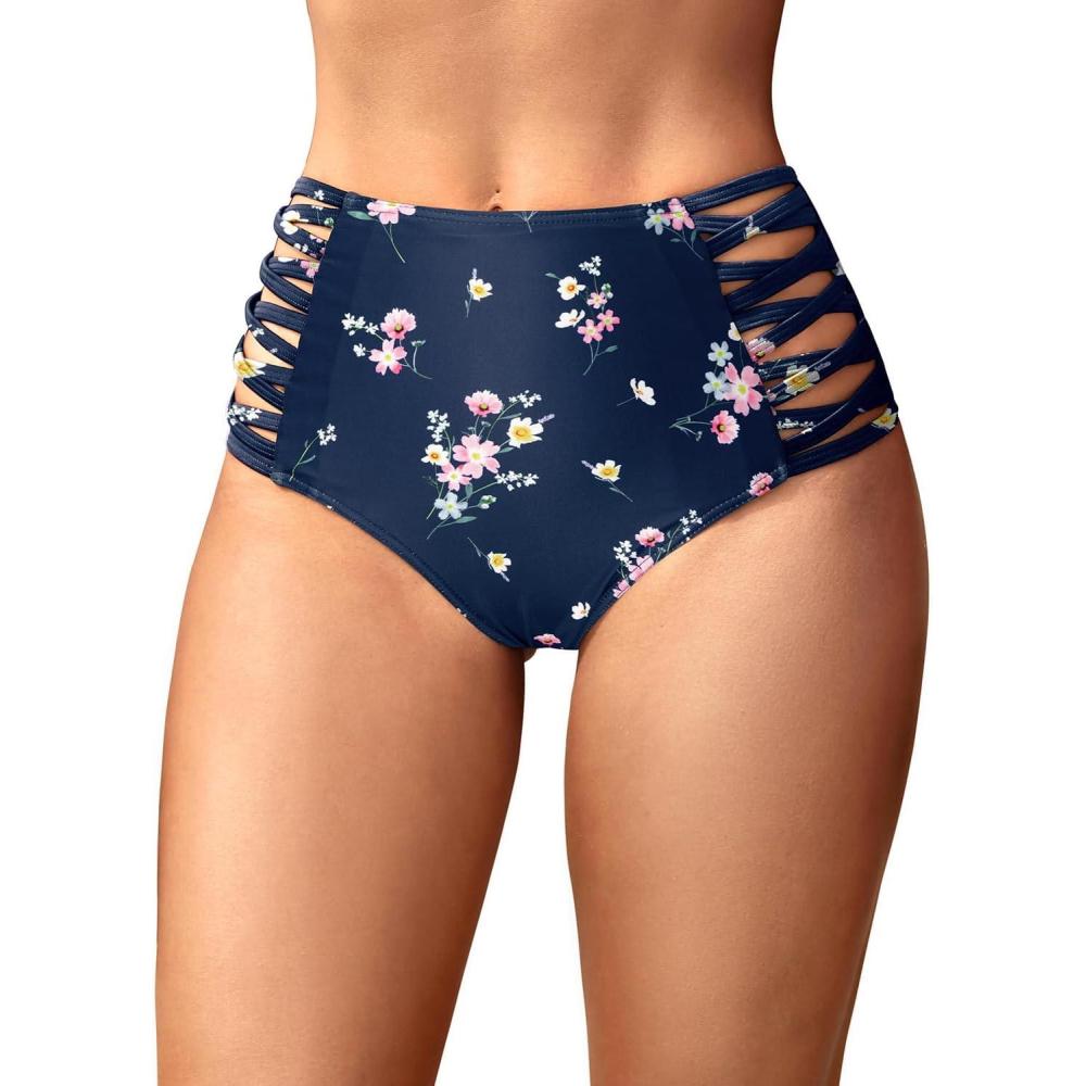 imageHolipick Women High Waisted Bikini Bottoms Tummy Control Swimsuit Bottoms Strappy Swim BottomNavy Floral