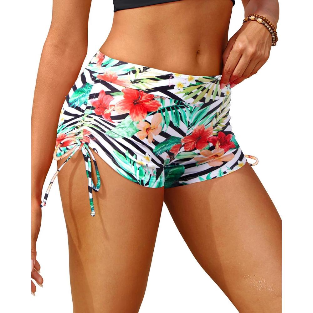 imageHolipick Women Swim Shorts Tummy Control Swim Bottoms Boyleg Swimsuits Shorts Bathing Suit Bikini BottomsStriped and Floral
