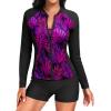 imageHolipick Long Sleeve Swimsuits for Women  3 Piece Rash Guard with Shorts Zipper SPF Swim Shirt with Built in BraBlack Purple Leaf