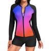 imageHolipick Long Sleeve Swimsuits for Women  3 Piece Rash Guard with Shorts Zipper SPF Swim Shirt with Built in BraColorful Gradient