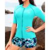 imageHolipick Women 2 Piece Rash Guard SwimsuitShort Sleeve Swim Shirt with Shorts Full Zipper SPF Modest SwimwearAqua Floral