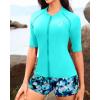 imageHolipick Women 2 Piece Rash Guard SwimsuitShort Sleeve Swim Shirt with Shorts Full Zipper SPF Modest SwimwearAqua Floral