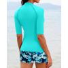 imageHolipick Women 2 Piece Rash Guard SwimsuitShort Sleeve Swim Shirt with Shorts Full Zipper SPF Modest SwimwearAqua Floral
