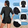 imageHolipick Women 2 Piece Rash Guard SwimsuitShort Sleeve Swim Shirt with Shorts Full Zipper SPF Modest SwimwearBlack