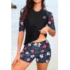 imageHolipick Women 2 Piece Rash Guard SwimsuitShort Sleeve Swim Shirt with Shorts Full Zipper SPF Modest SwimwearBlack Floral